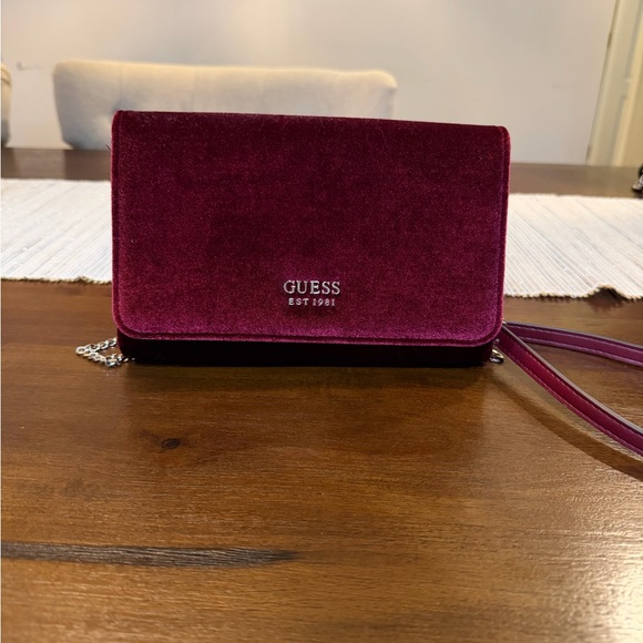 Guess Handbags - GUESS Velvet Clutch/Crossbody Bag – Burgundy